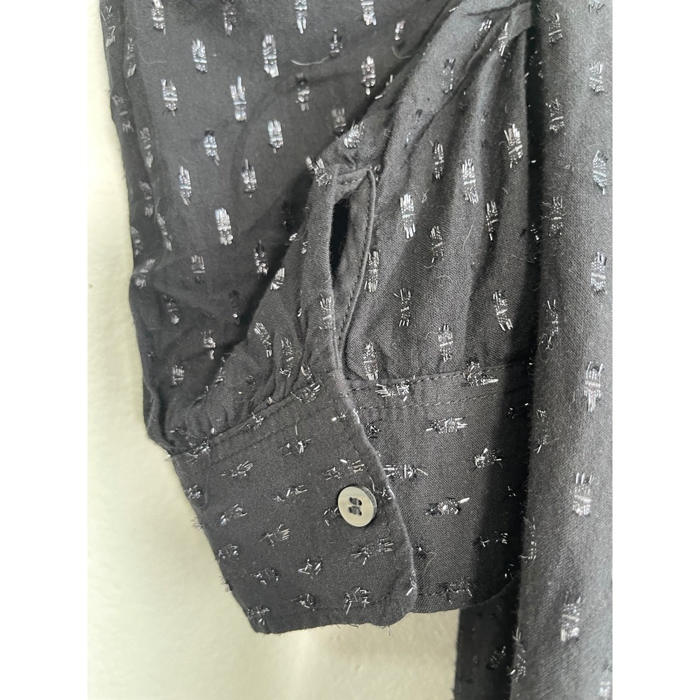 Gap Womens Black Silver Metallic Clip Dot Puff Sleeve Button Front Blouse M - Picture 7 of 12